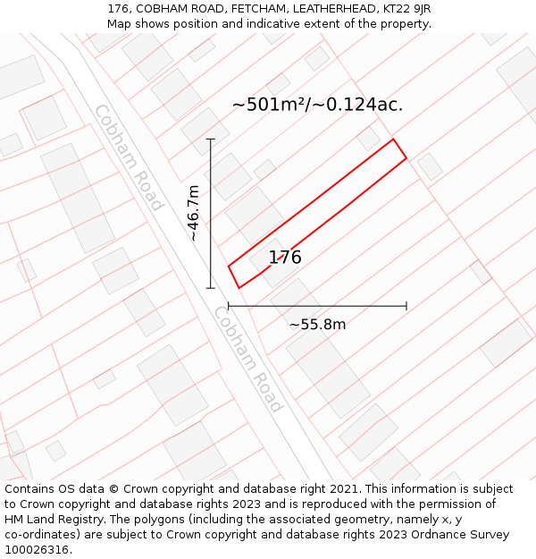 176, COBHAM ROAD, FETCHAM, LEATHERHEAD, KT22 9JR: Plot and title map