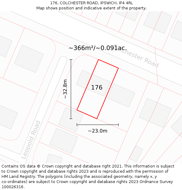 176, COLCHESTER ROAD, IPSWICH, IP4 4RL: Plot and title map