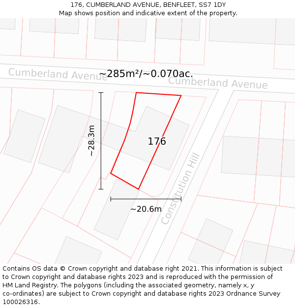 176, CUMBERLAND AVENUE, BENFLEET, SS7 1DY: Plot and title map