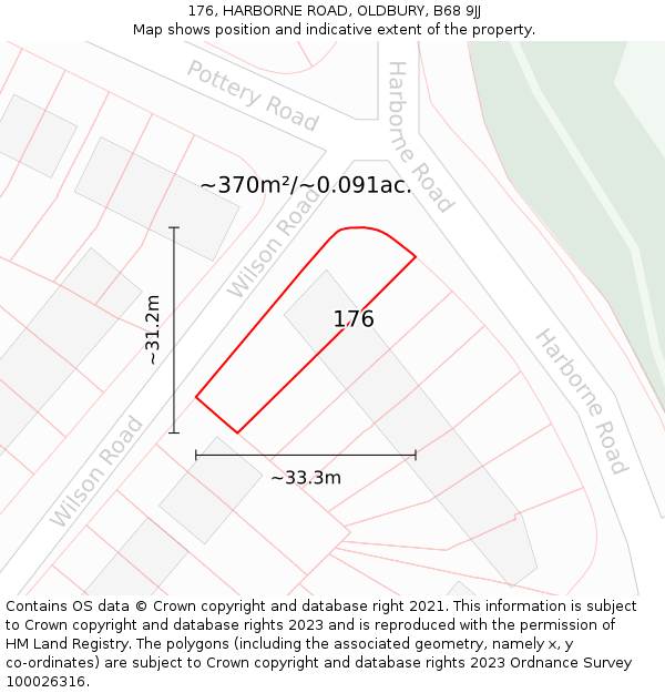 176, HARBORNE ROAD, OLDBURY, B68 9JJ: Plot and title map