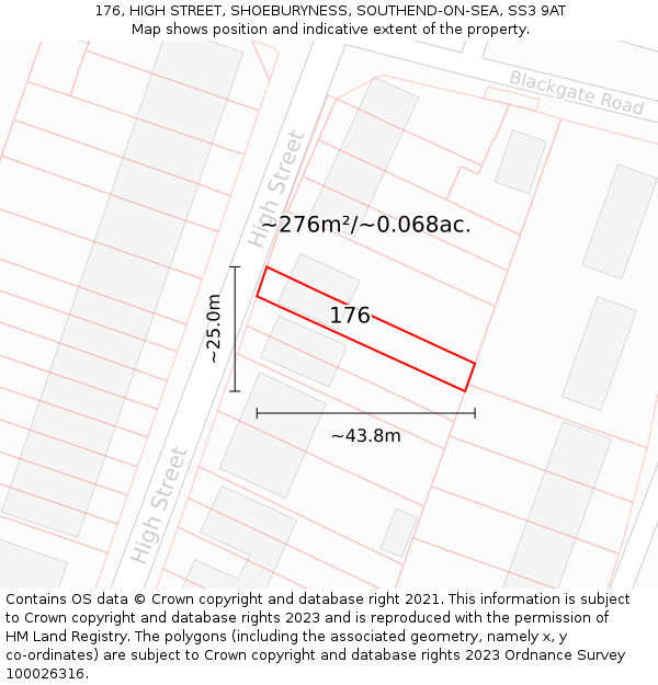 176, HIGH STREET, SHOEBURYNESS, SOUTHEND-ON-SEA, SS3 9AT: Plot and title map