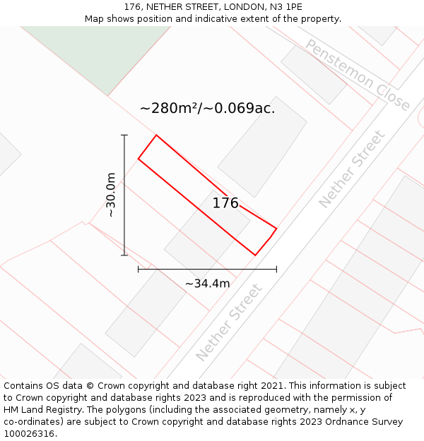 176, NETHER STREET, LONDON, N3 1PE: Plot and title map