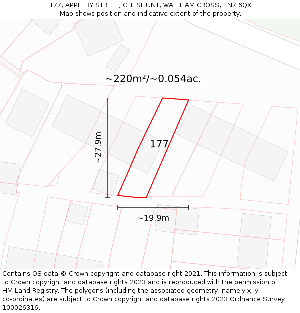 177, APPLEBY STREET, CHESHUNT, WALTHAM CROSS, EN7 6QX: Plot and title map