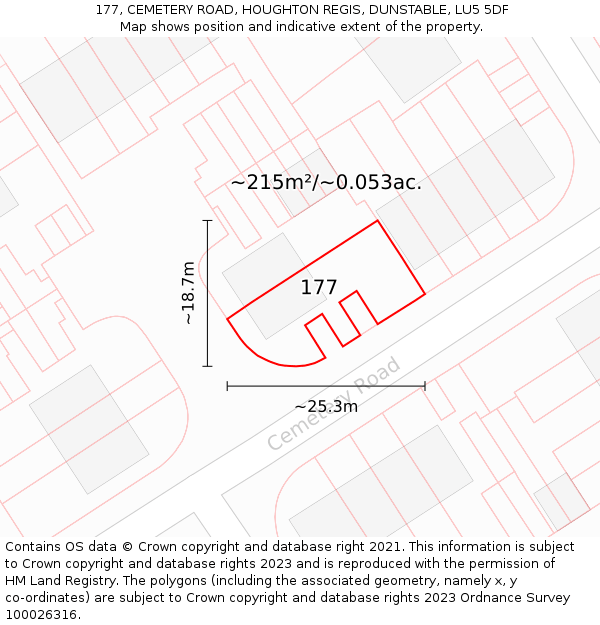 177, CEMETERY ROAD, HOUGHTON REGIS, DUNSTABLE, LU5 5DF: Plot and title map