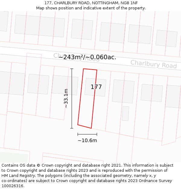 177, CHARLBURY ROAD, NOTTINGHAM, NG8 1NF: Plot and title map