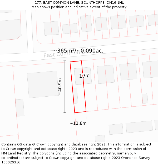 177, EAST COMMON LANE, SCUNTHORPE, DN16 1HL: Plot and title map