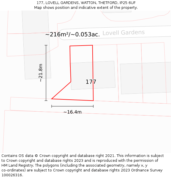 177, LOVELL GARDENS, WATTON, THETFORD, IP25 6UF: Plot and title map