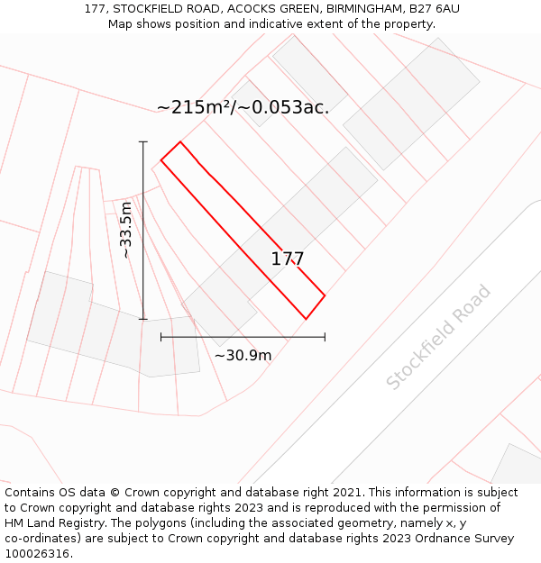 177, STOCKFIELD ROAD, ACOCKS GREEN, BIRMINGHAM, B27 6AU: Plot and title map