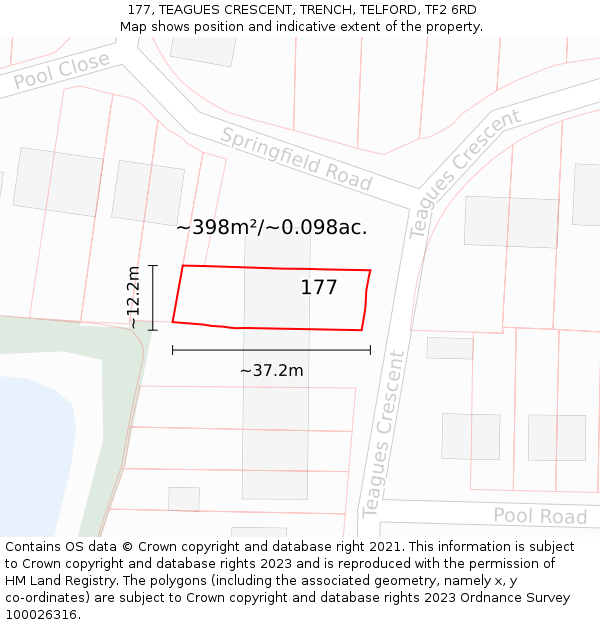 177, TEAGUES CRESCENT, TRENCH, TELFORD, TF2 6RD: Plot and title map