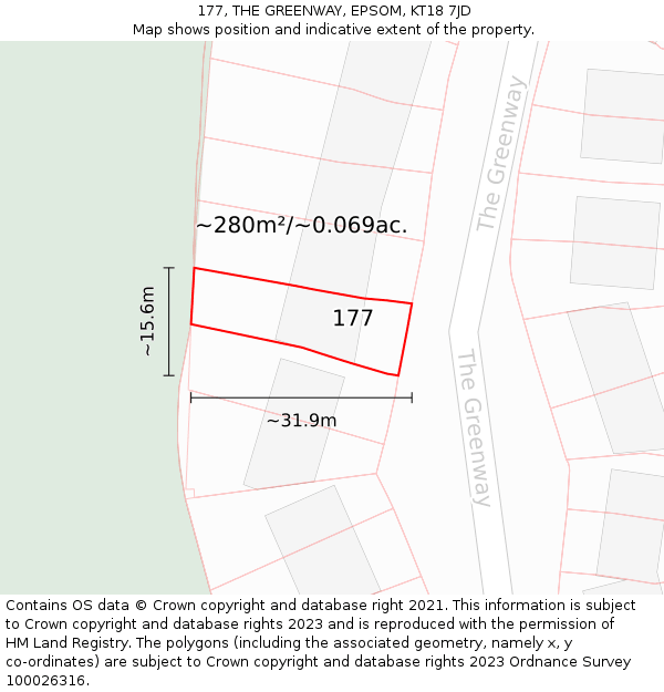 177, THE GREENWAY, EPSOM, KT18 7JD: Plot and title map