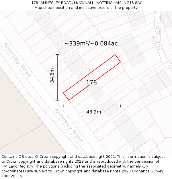 178, ANNESLEY ROAD, HUCKNALL, NOTTINGHAM, NG15 8AY: Plot and title map