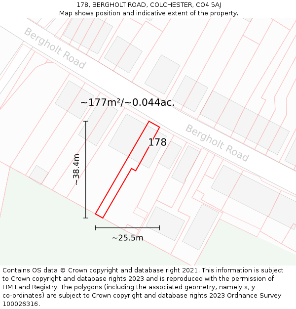 178, BERGHOLT ROAD, COLCHESTER, CO4 5AJ: Plot and title map