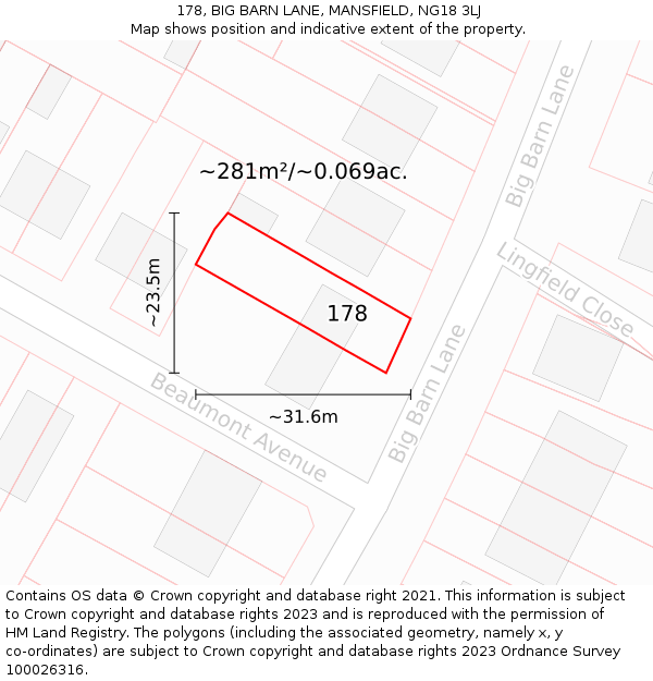 178, BIG BARN LANE, MANSFIELD, NG18 3LJ: Plot and title map