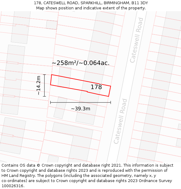 178, CATESWELL ROAD, SPARKHILL, BIRMINGHAM, B11 3DY: Plot and title map