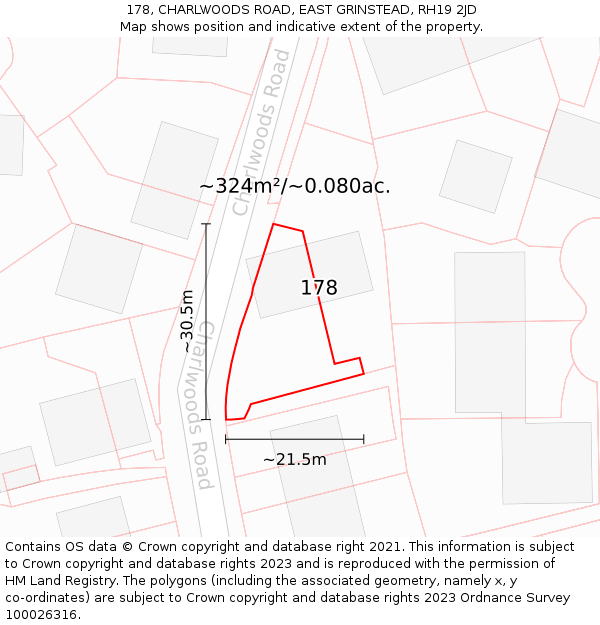 178, CHARLWOODS ROAD, EAST GRINSTEAD, RH19 2JD: Plot and title map