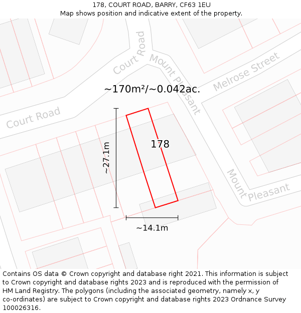 178, COURT ROAD, BARRY, CF63 1EU: Plot and title map