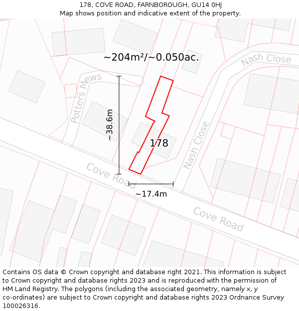 178, COVE ROAD, FARNBOROUGH, GU14 0HJ: Plot and title map