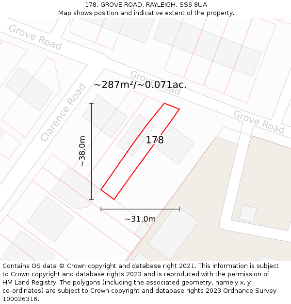 178, GROVE ROAD, RAYLEIGH, SS6 8UA: Plot and title map