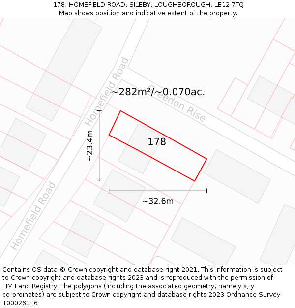 178, HOMEFIELD ROAD, SILEBY, LOUGHBOROUGH, LE12 7TQ: Plot and title map