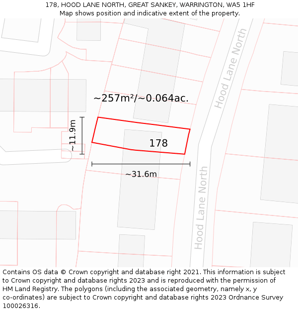 178, HOOD LANE NORTH, GREAT SANKEY, WARRINGTON, WA5 1HF: Plot and title map