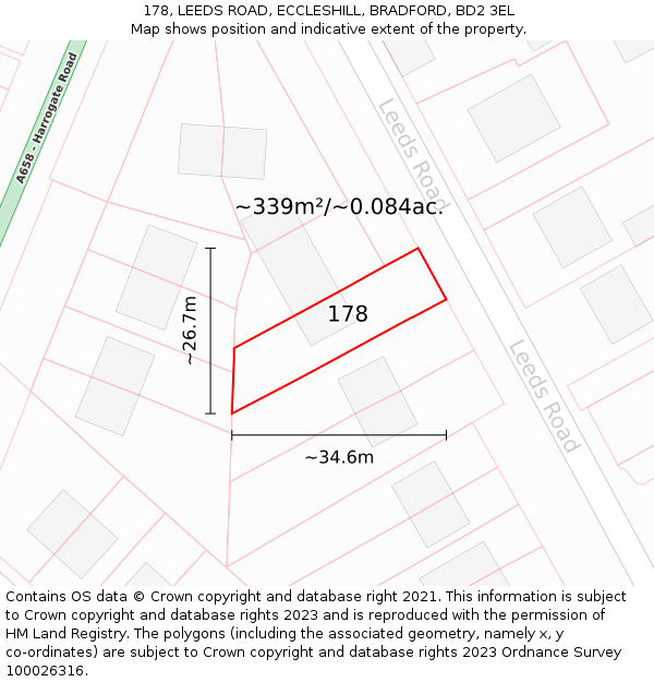 178, LEEDS ROAD, ECCLESHILL, BRADFORD, BD2 3EL: Plot and title map