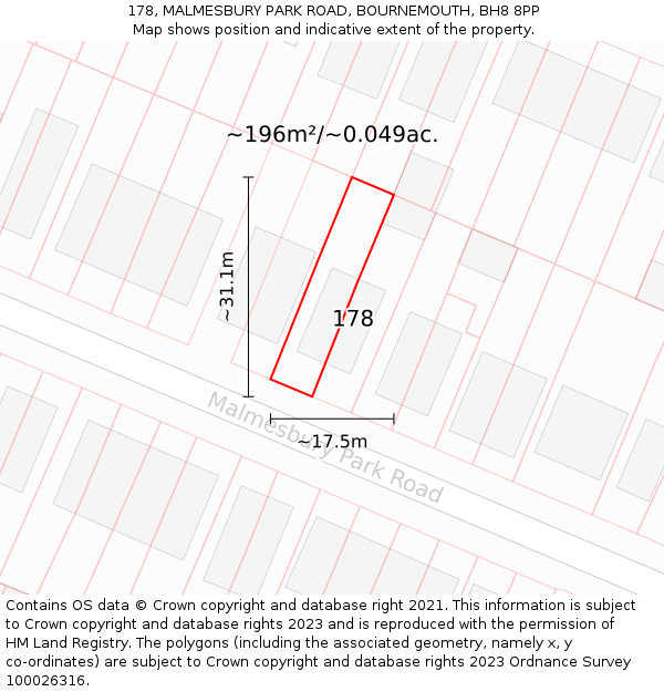 178, MALMESBURY PARK ROAD, BOURNEMOUTH, BH8 8PP: Plot and title map