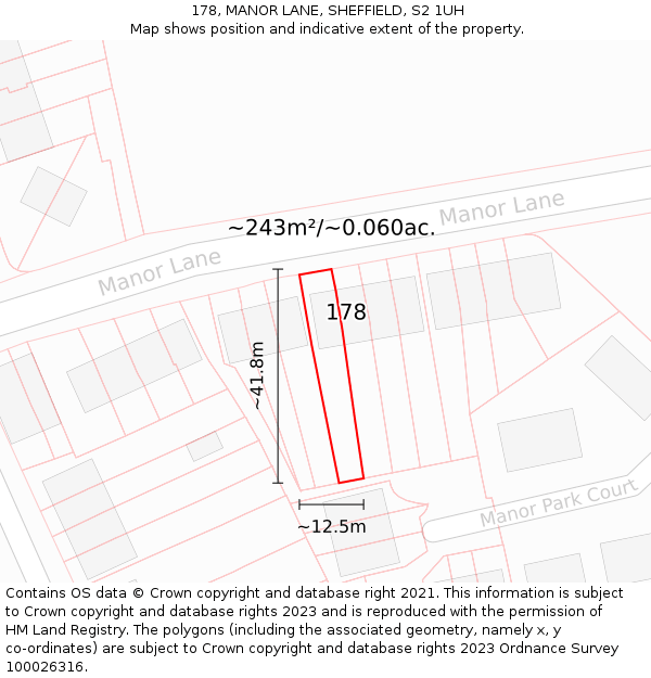 178, MANOR LANE, SHEFFIELD, S2 1UH: Plot and title map