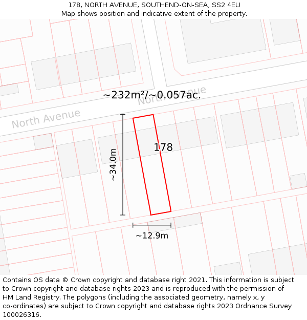 178, NORTH AVENUE, SOUTHEND-ON-SEA, SS2 4EU: Plot and title map