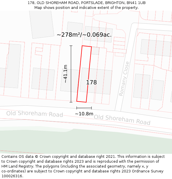 178, OLD SHOREHAM ROAD, PORTSLADE, BRIGHTON, BN41 1UB: Plot and title map