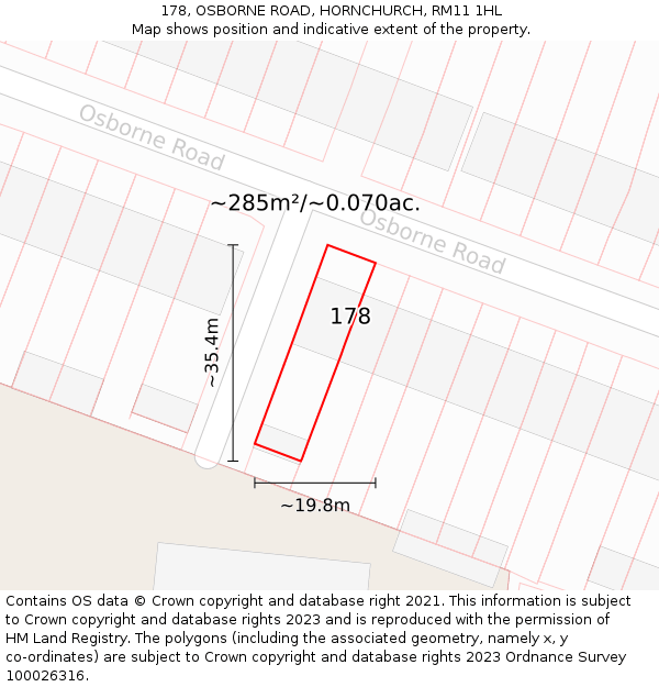 178, OSBORNE ROAD, HORNCHURCH, RM11 1HL: Plot and title map