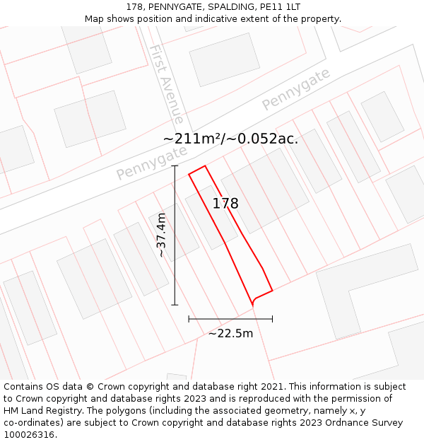 178, PENNYGATE, SPALDING, PE11 1LT: Plot and title map