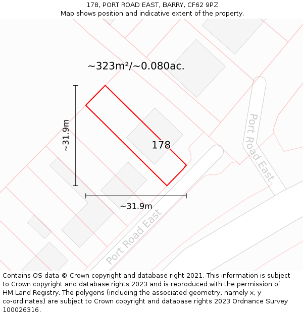 178, PORT ROAD EAST, BARRY, CF62 9PZ: Plot and title map