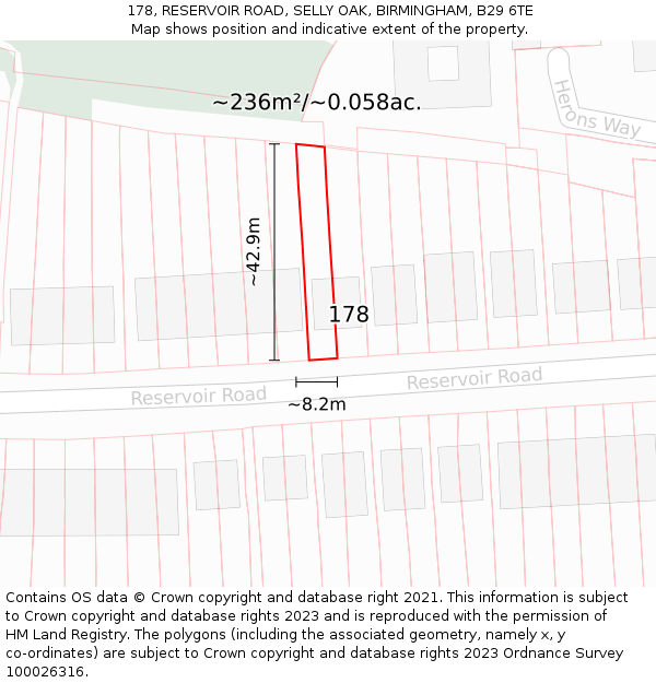 178, RESERVOIR ROAD, SELLY OAK, BIRMINGHAM, B29 6TE: Plot and title map