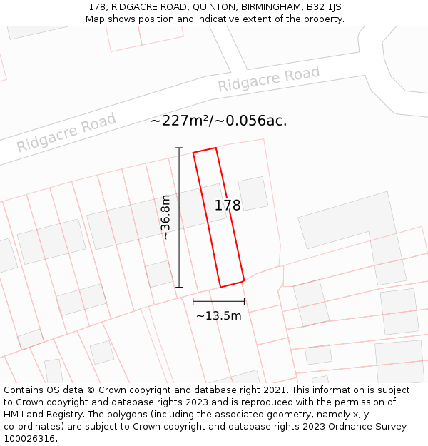 178, RIDGACRE ROAD, QUINTON, BIRMINGHAM, B32 1JS: Plot and title map