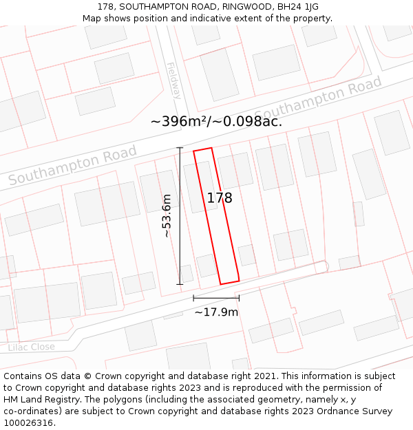 178, SOUTHAMPTON ROAD, RINGWOOD, BH24 1JG: Plot and title map