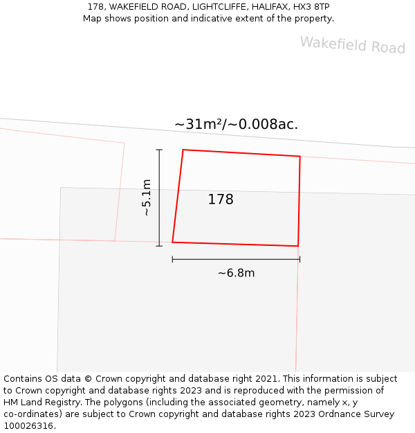 178, WAKEFIELD ROAD, LIGHTCLIFFE, HALIFAX, HX3 8TP: Plot and title map