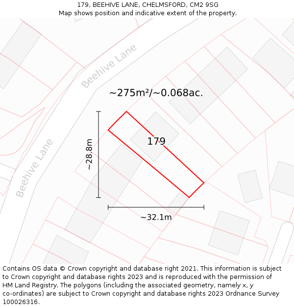 179, BEEHIVE LANE, CHELMSFORD, CM2 9SG: Plot and title map