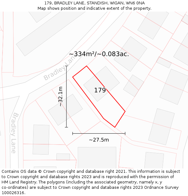 179, BRADLEY LANE, STANDISH, WIGAN, WN6 0NA: Plot and title map