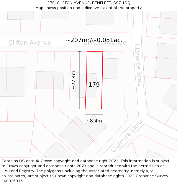 179, CLIFTON AVENUE, BENFLEET, SS7 1DQ: Plot and title map