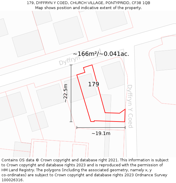 179, DYFFRYN Y COED, CHURCH VILLAGE, PONTYPRIDD, CF38 1QB: Plot and title map