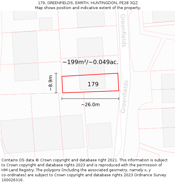 179, GREENFIELDS, EARITH, HUNTINGDON, PE28 3QZ: Plot and title map