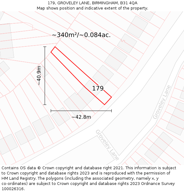 179, GROVELEY LANE, BIRMINGHAM, B31 4QA: Plot and title map