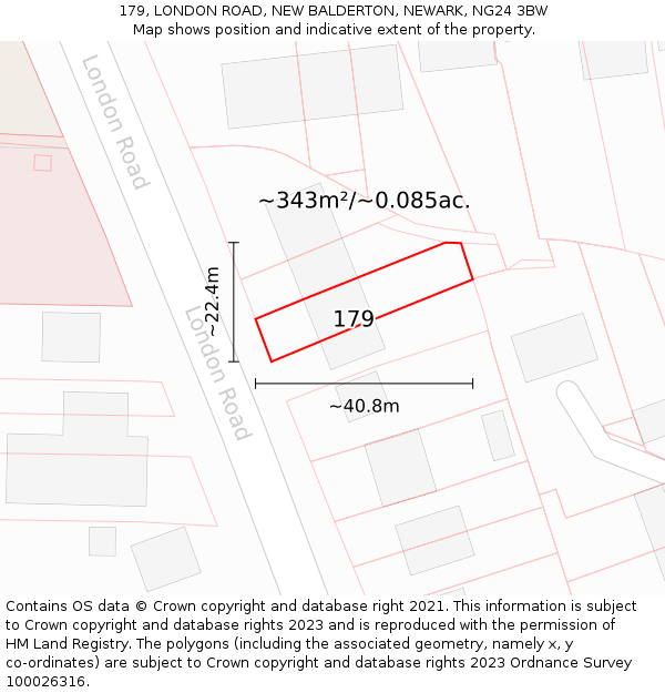 179, LONDON ROAD, NEW BALDERTON, NEWARK, NG24 3BW: Plot and title map