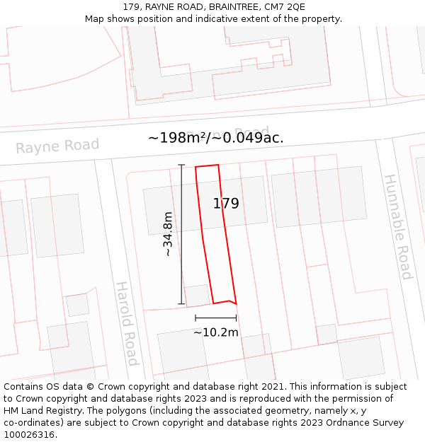 179, RAYNE ROAD, BRAINTREE, CM7 2QE: Plot and title map