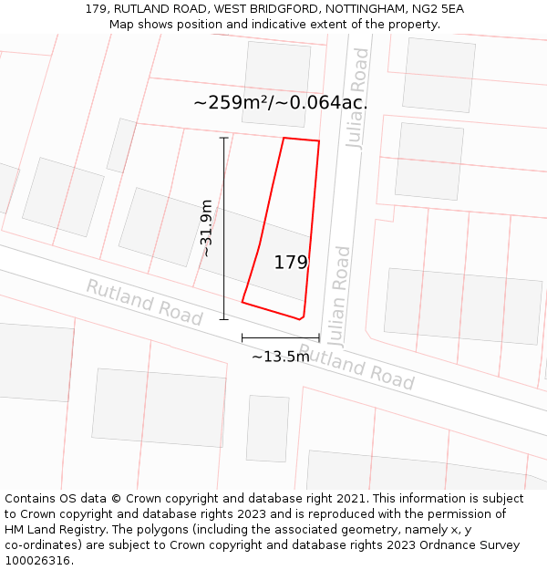 179, RUTLAND ROAD, WEST BRIDGFORD, NOTTINGHAM, NG2 5EA: Plot and title map