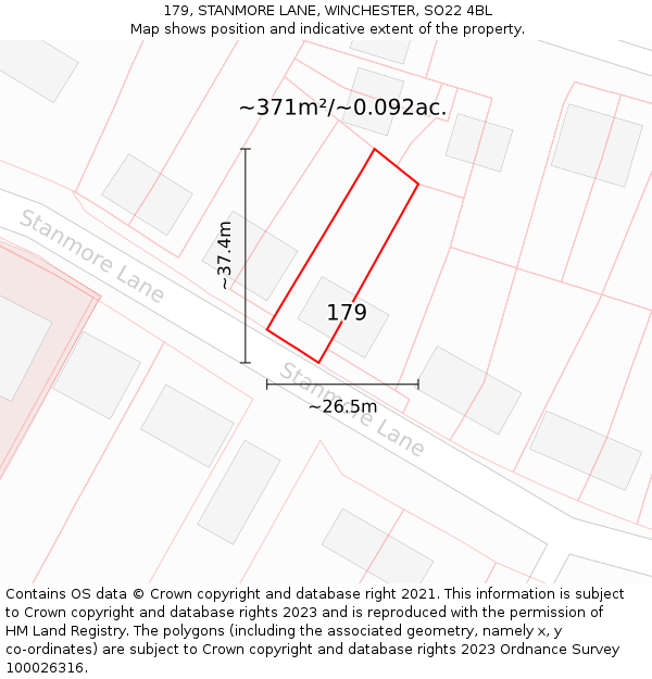 179, STANMORE LANE, WINCHESTER, SO22 4BL: Plot and title map