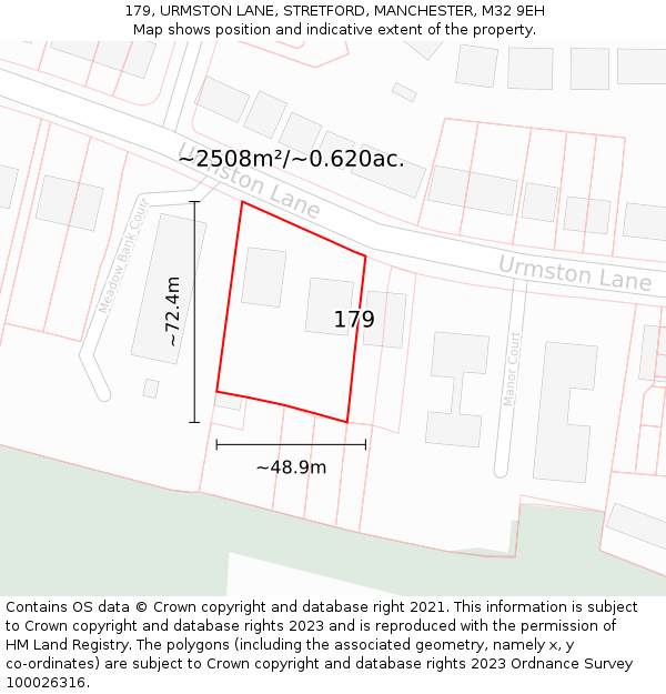 179, URMSTON LANE, STRETFORD, MANCHESTER, M32 9EH: Plot and title map