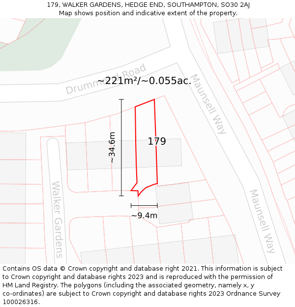 179, WALKER GARDENS, HEDGE END, SOUTHAMPTON, SO30 2AJ: Plot and title map