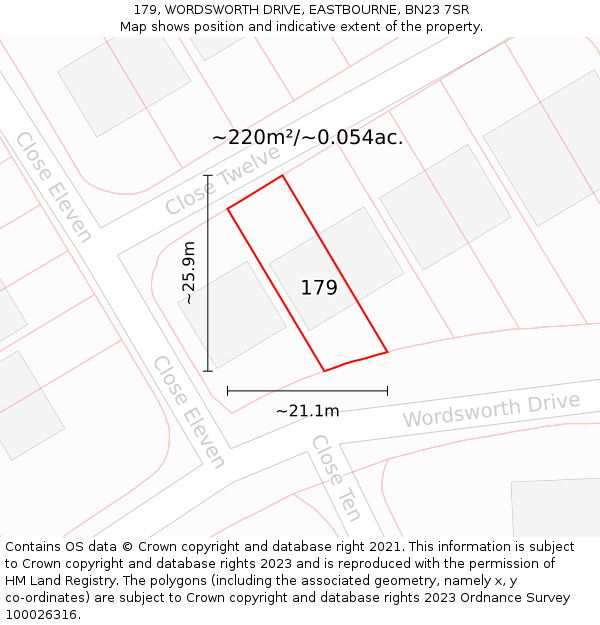 179, WORDSWORTH DRIVE, EASTBOURNE, BN23 7SR: Plot and title map