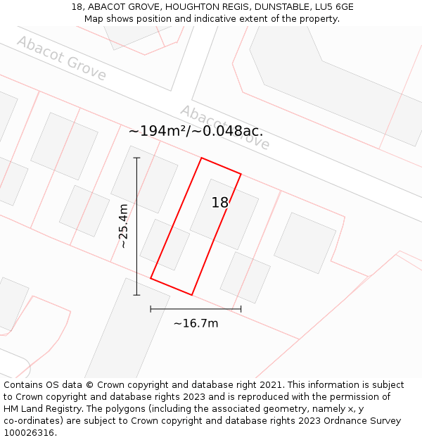 18, ABACOT GROVE, HOUGHTON REGIS, DUNSTABLE, LU5 6GE: Plot and title map